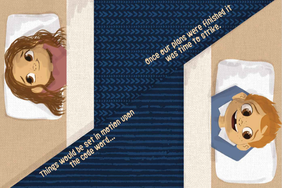 Comic strip with two characters lying on a bed, one with brown hair and pink shirt, the other with blonde hair and blue shirt, with text above them.