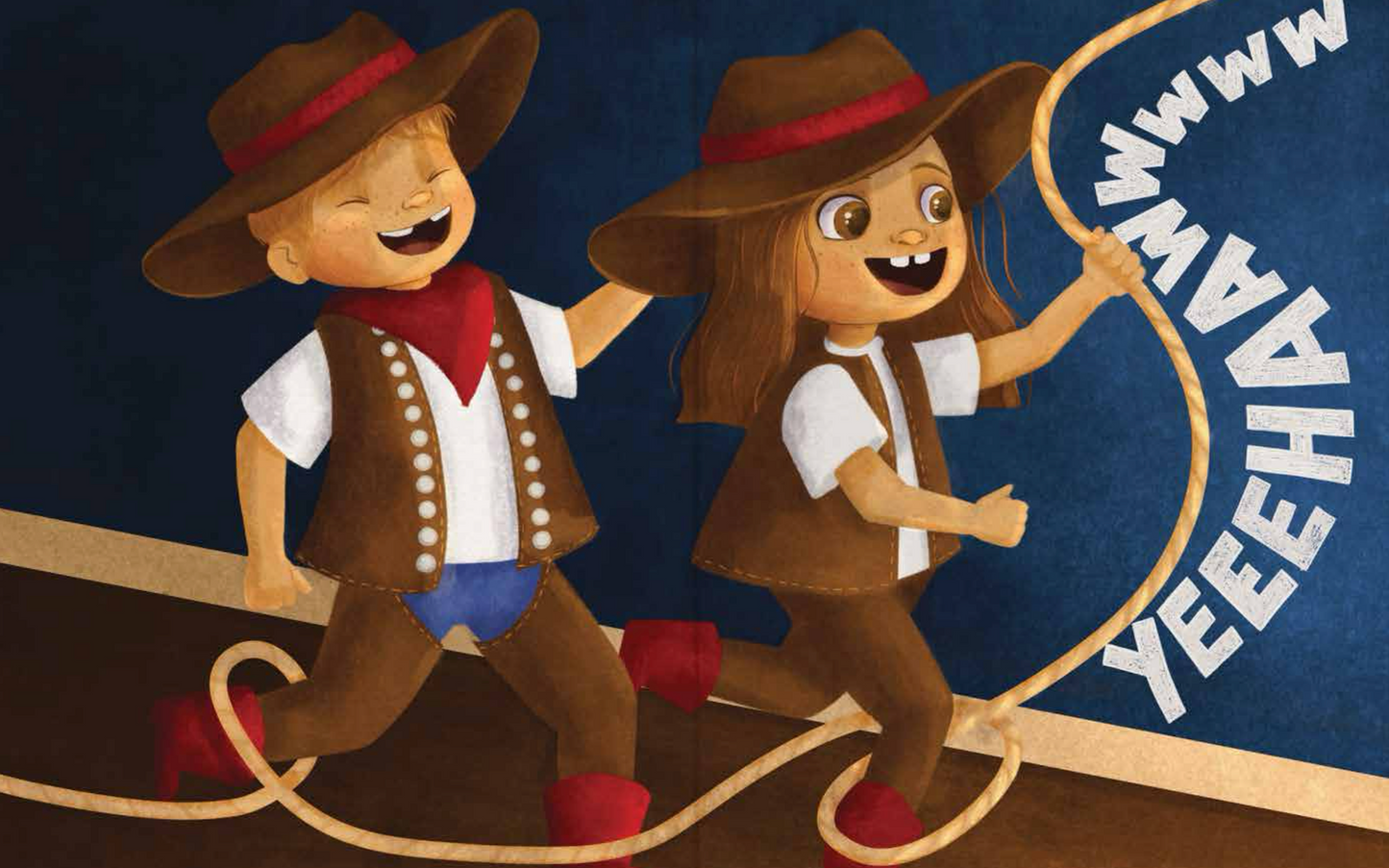 Two cartoon characters in cowboy outfits with a lasso and 'Yeehaw' text on a blue background.