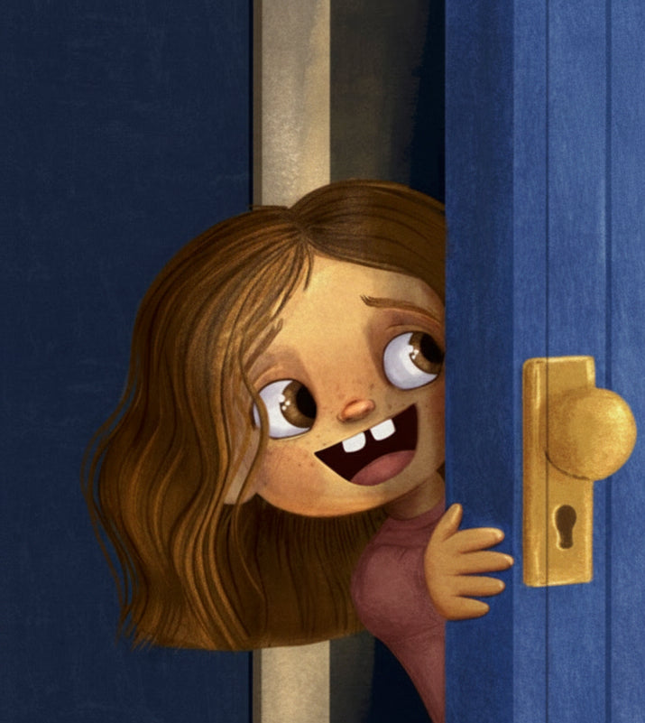 Illustration of a child peeking from behind a door 