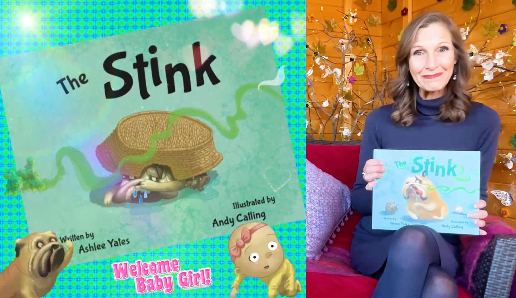 Book titled 'The Stink' with illustrations of a dog and a turtle, held by a person in front of a decorated wall.